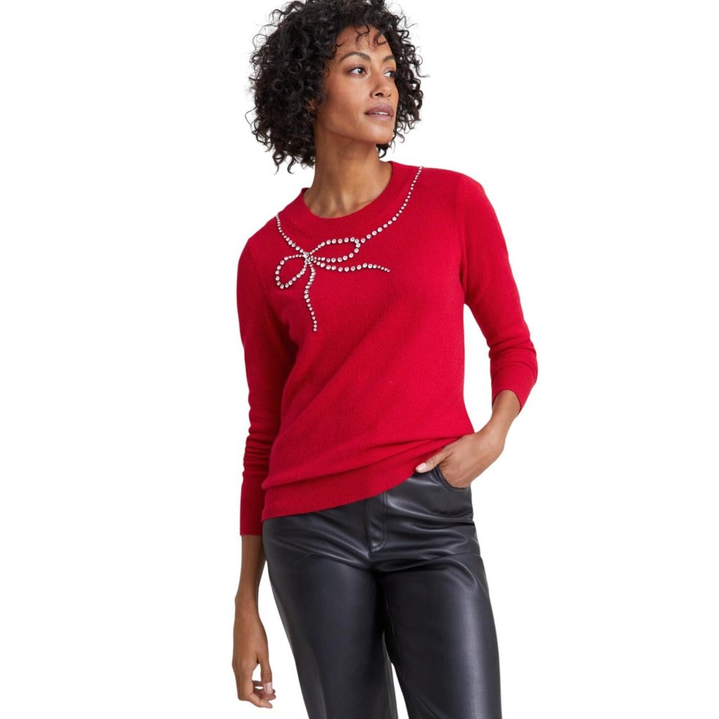 Nwt Charter Club Luxury Embellished Crewneck Cashmere Sweater Polish Red L